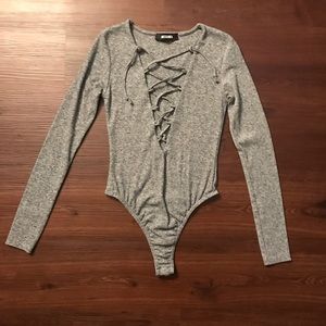 Gray marled lace-up bodysuit